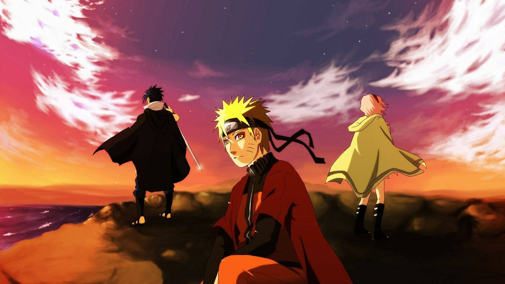 Aesthetic Naruto 桌布 壁紙 — 三個動漫角色站在日落時分的岩石懸崖上，熾熱的橙色和紫色天空在他們上方盤旋。