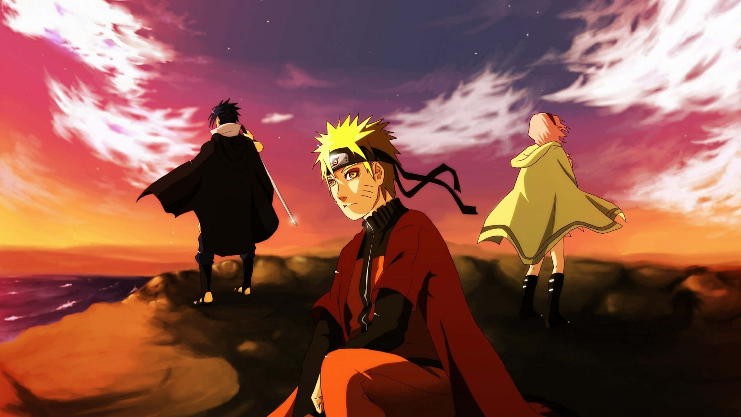 Team 7 Naruto 桌布 壁紙 — 三個動漫角色站在日落時的懸崖上，身後是充滿活力的粉橙色天空和旋轉的雲彩。