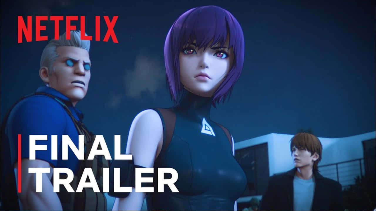 攻殼機動隊 桌布 壁紙 — 三個動漫角色站在昏暗的城市夜景中，帶有 Netflix 預告片疊加層。