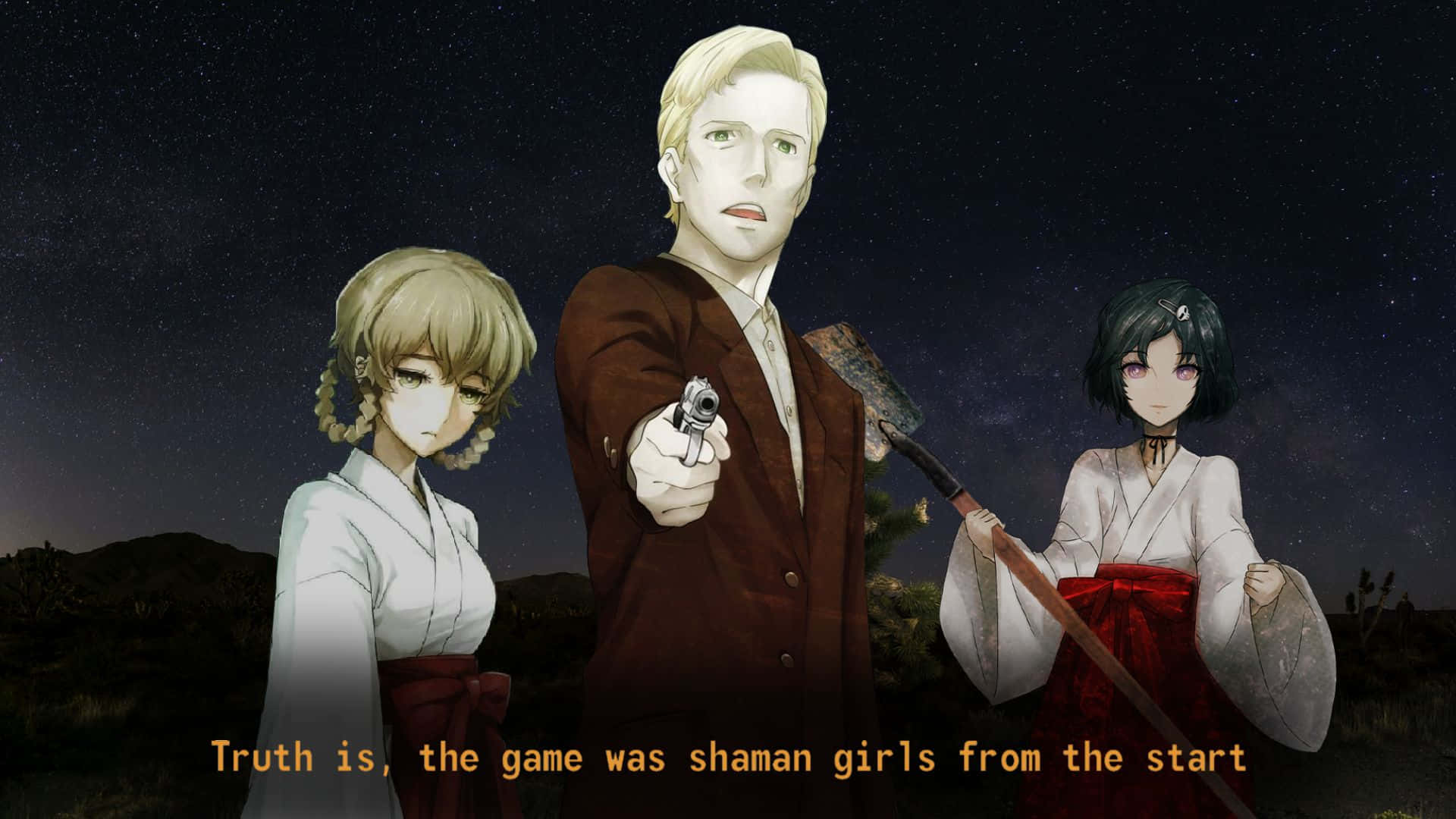 Alexis Leskinen 桌布 壁紙 — 三個動漫角色站在星空下，一個男人舉著槍，兩個穿著白色和服的女人在他兩側。