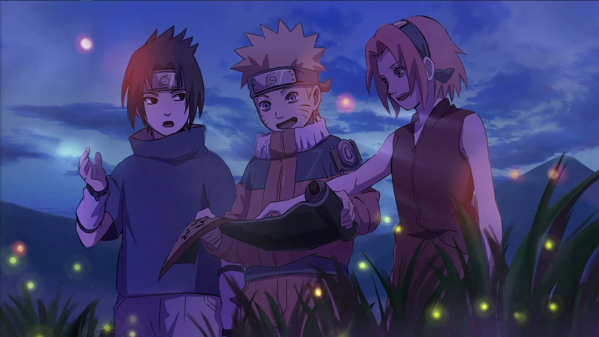Naruto Group 桌布 壁紙 — 三個動漫角色站在暮色田野中，螢火蟲在繁星點點的紫色天空下閃爍。