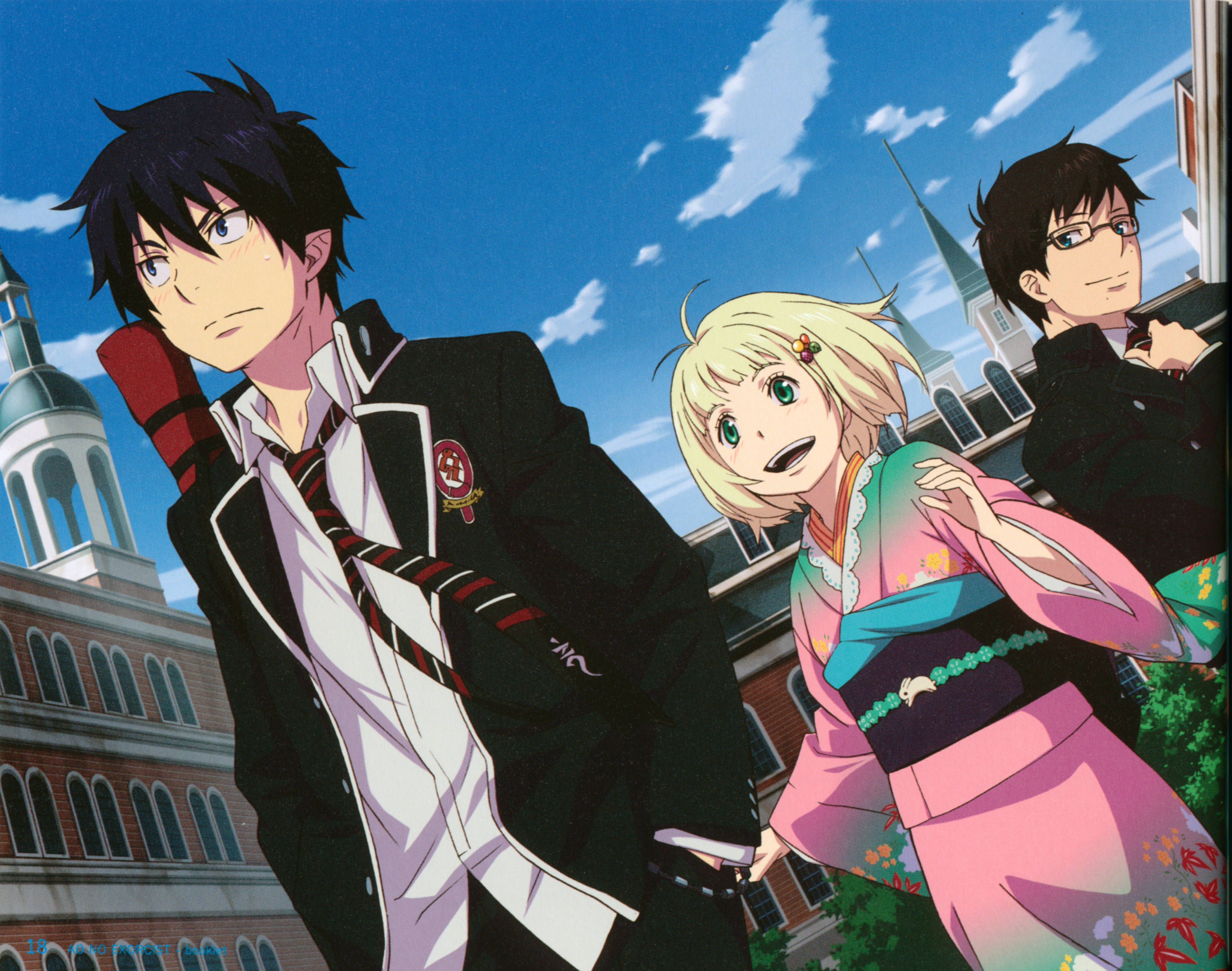 Blue Exorcist 桌布 壁紙 — 三個動漫角色站在歐式建築前，天空湛藍，白雲朵朵。