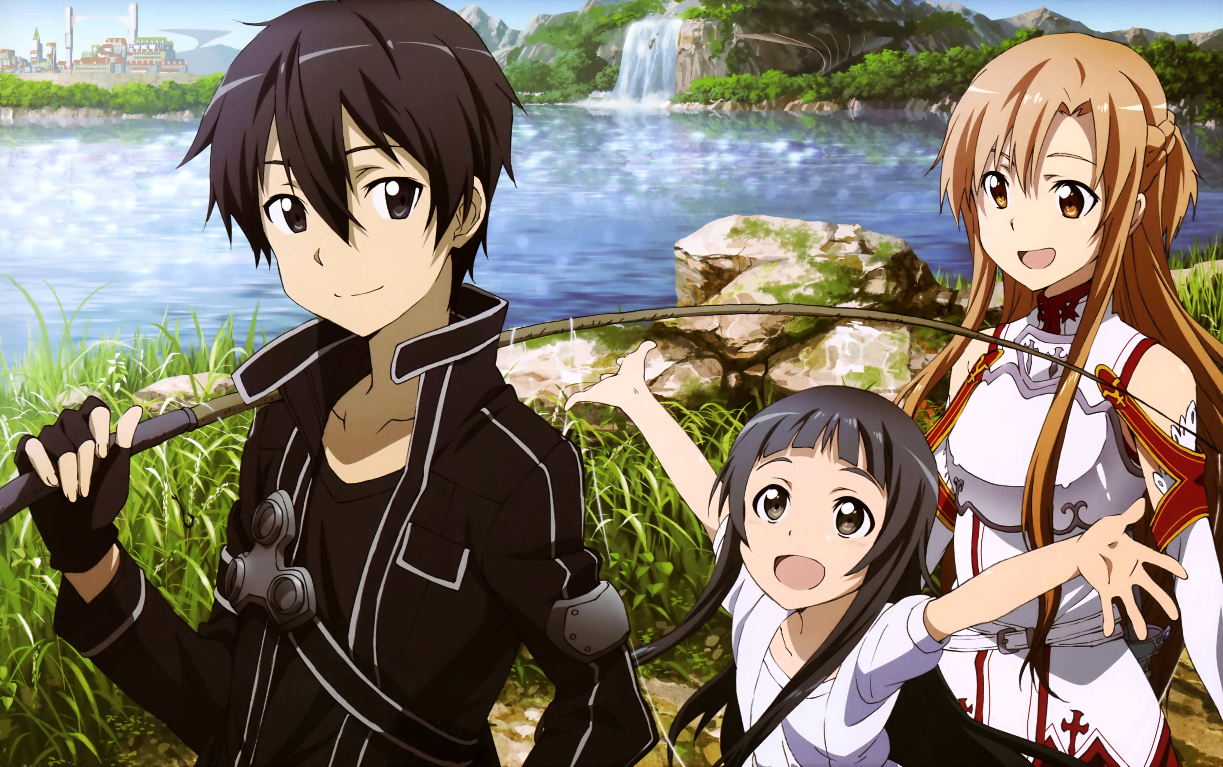 Kirito 桌布 壁紙 — 三個動漫角色站在河邊，背後有瀑布和綠色山丘。