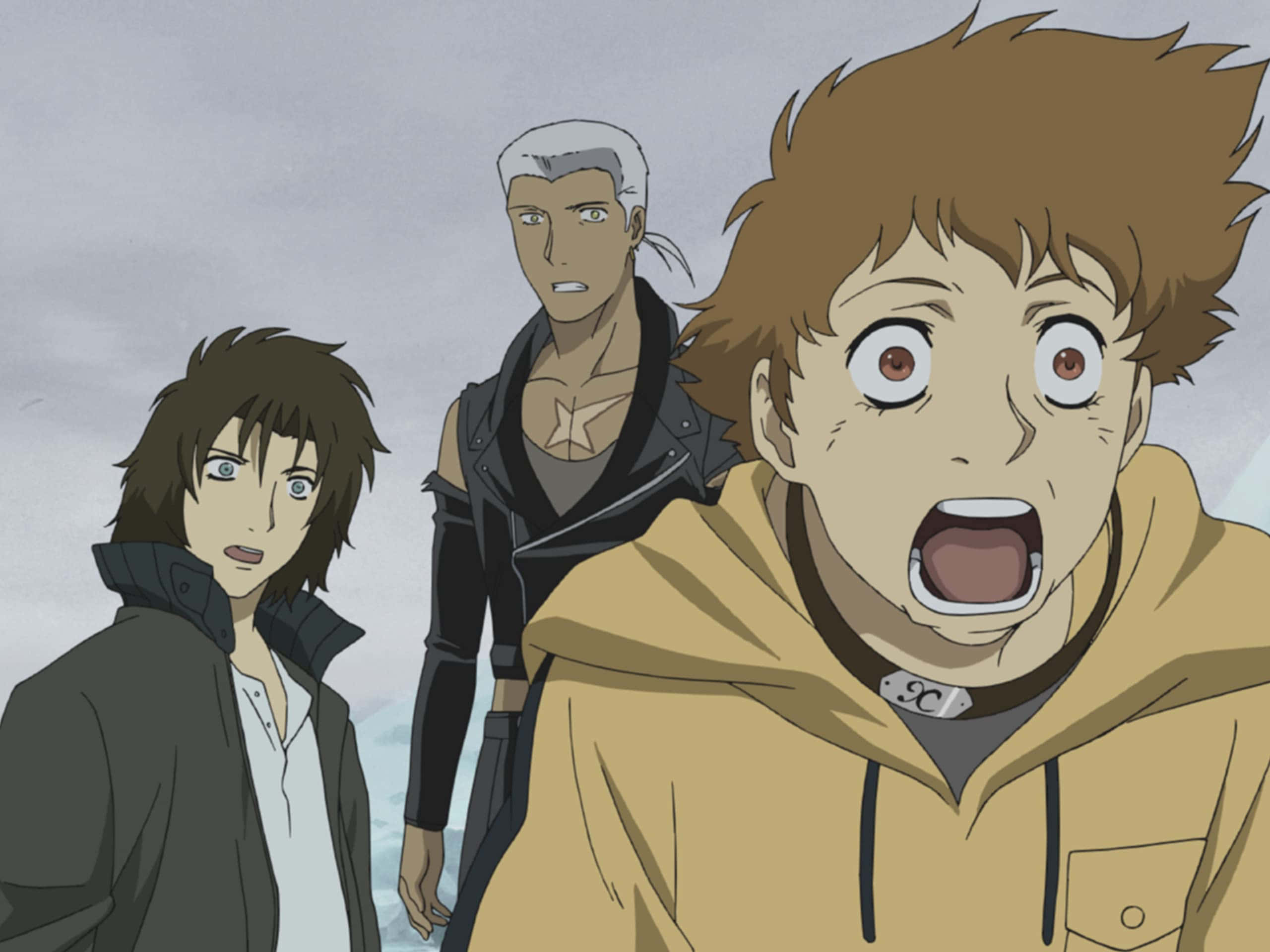 Wolf's Rain Hige 桌布 壁紙 — 三個動漫角色站在灰色天空前，前景角色睜大眼睛尖叫。