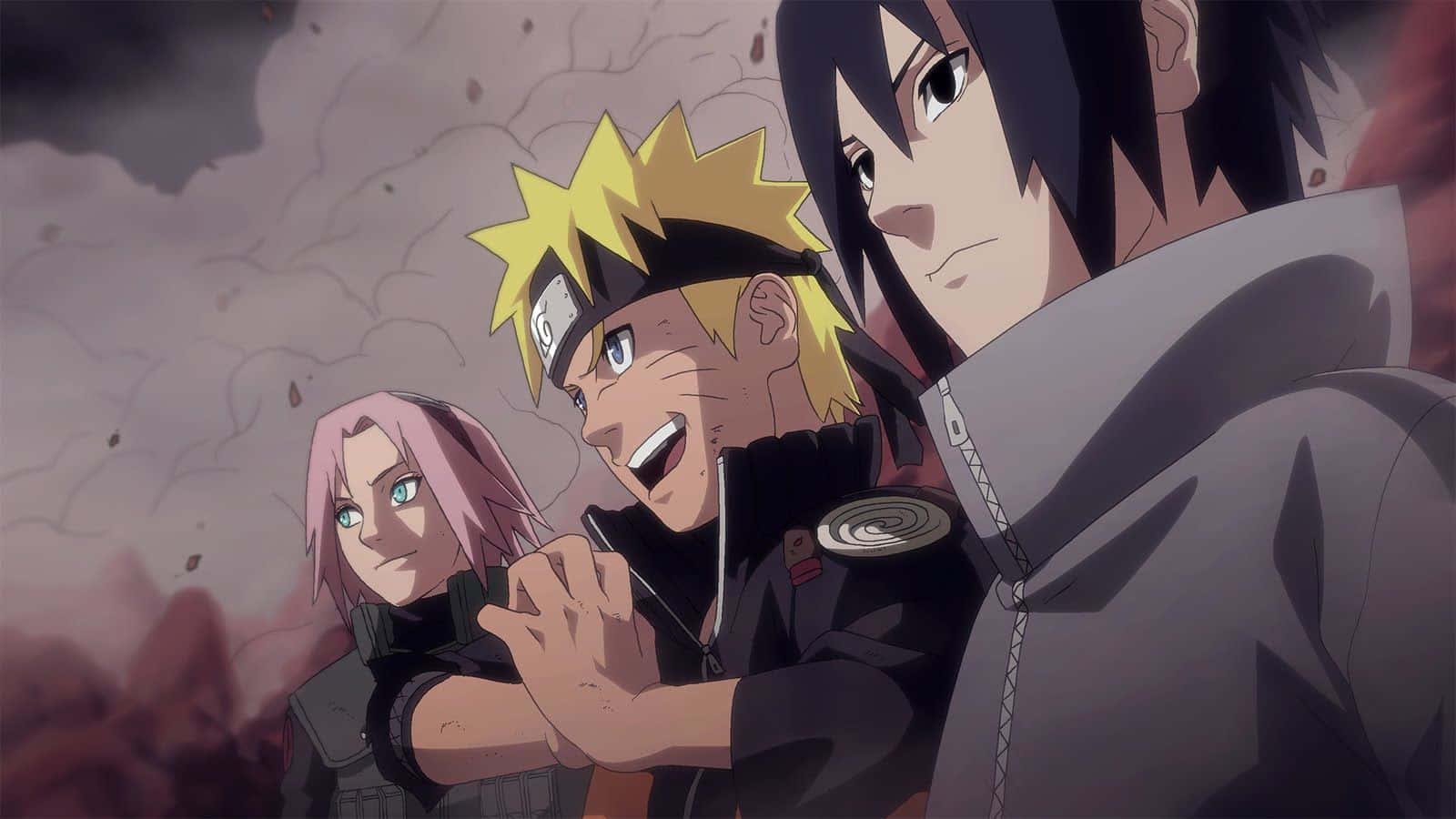 Team 7 Naruto 桌布 壁紙 — 三個動漫角色站在煙霧瀰漫的天空下，一個佈滿灰塵的戰場上，表情堅定。