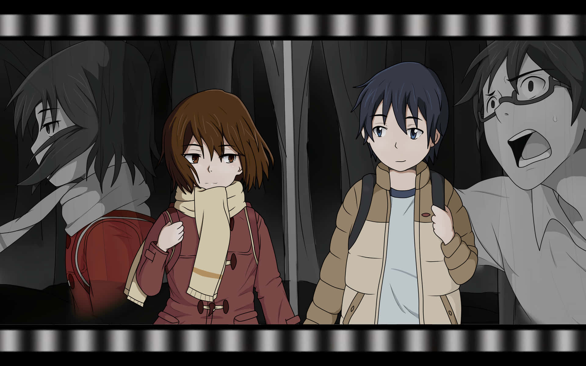 Erased 桌布 壁紙 — 三個動漫角色站在燈光昏暗的走廊中，其中一個驚恐尖叫，其他兩個擔憂地看著。