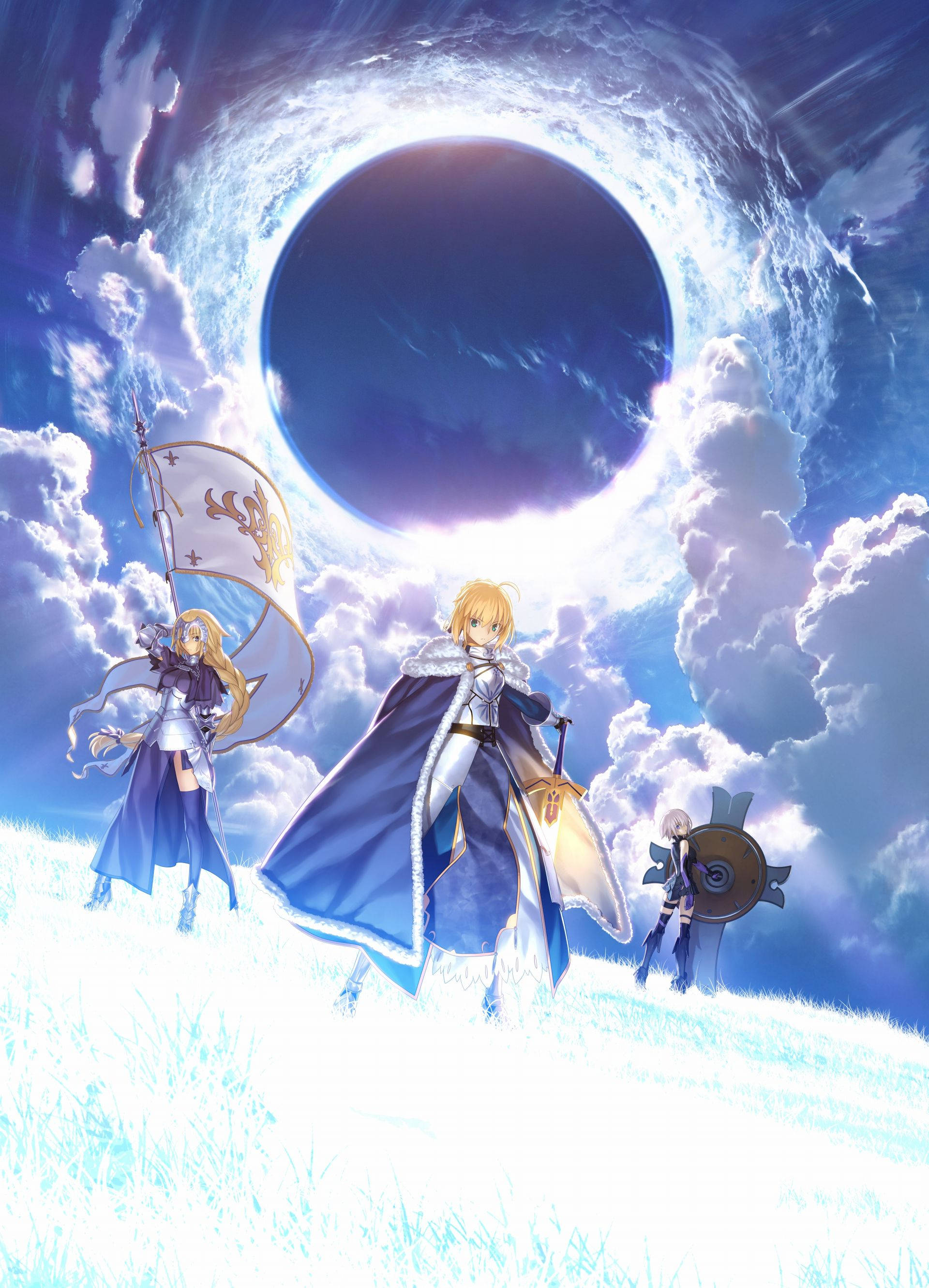 Fate/Grand Order 桌布 壁紙 — 三個動漫角色站在發光的場地上，下方是雲的宇宙環和黑暗的天體虛空。