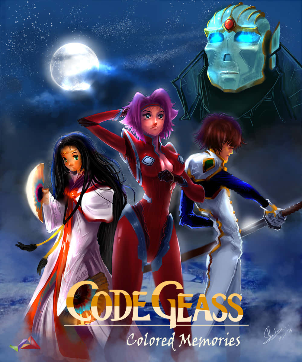 poster 桌布 壁紙 — 三個動漫角色站在發光的月亮前，一個巨大的機械頭顱在繁星點點的夜空中若隱若現。