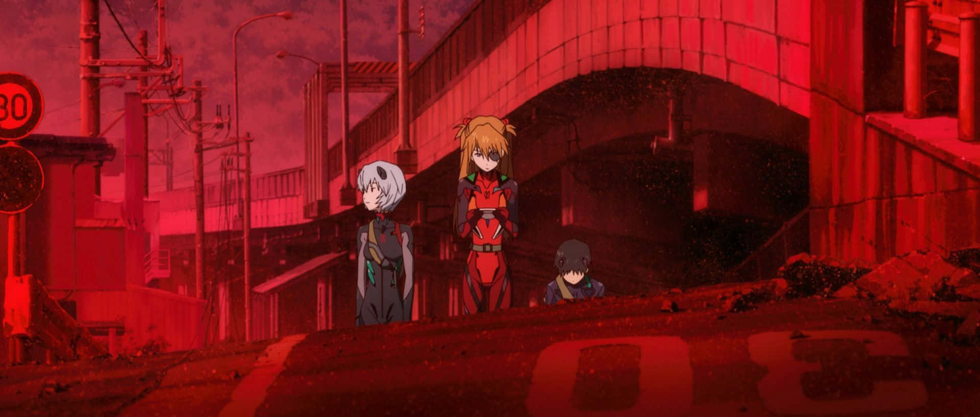 Evangelion 30 10 桌布 壁紙 — 三個動漫角色站在紅色燈光下的橋下，處於一個帶有濃重紅色調和墜落碎片的反烏托邦城市場景中。