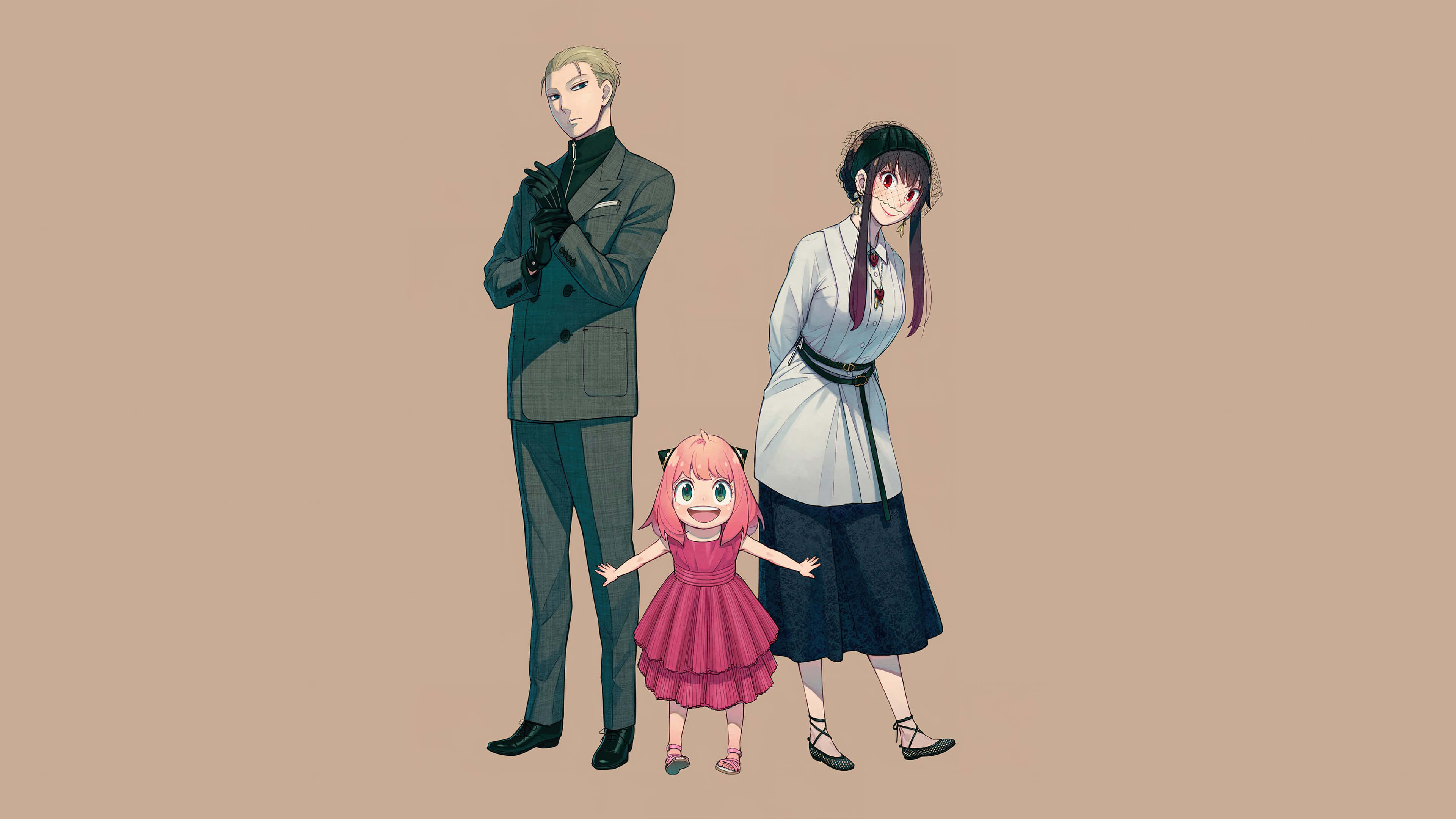 安妮亞·佛傑 桌布 壁紙 — 三個動漫角色站在純米色背景前，包括一個高大的男人、一個女人和一個穿著粉紅色連衣裙的開心小女孩。