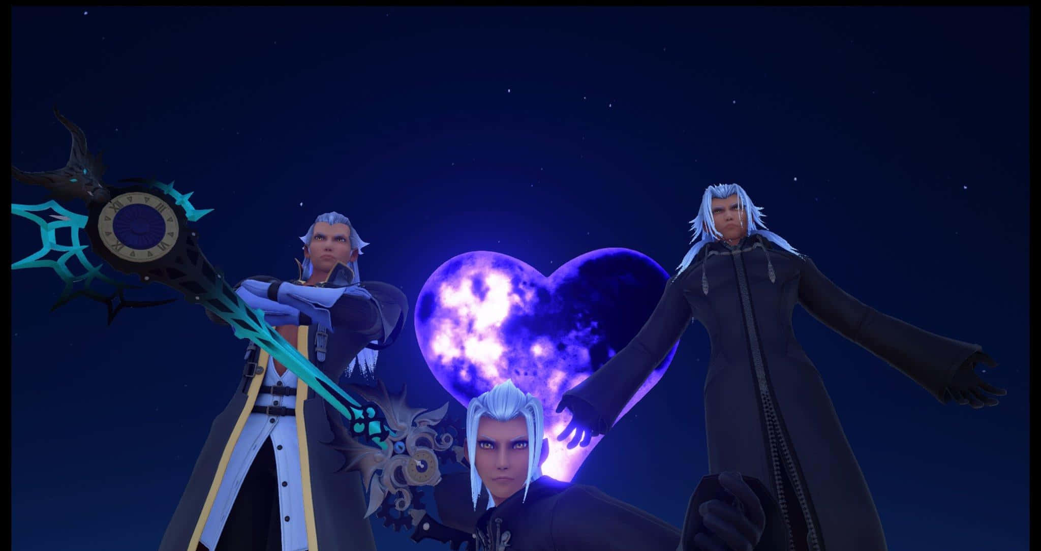 Kingdom Hearts Xehanort 桌布 壁紙 — 三個動漫角色站在閃爍的紫色心形月亮前，背景是繁星點點的夜空。