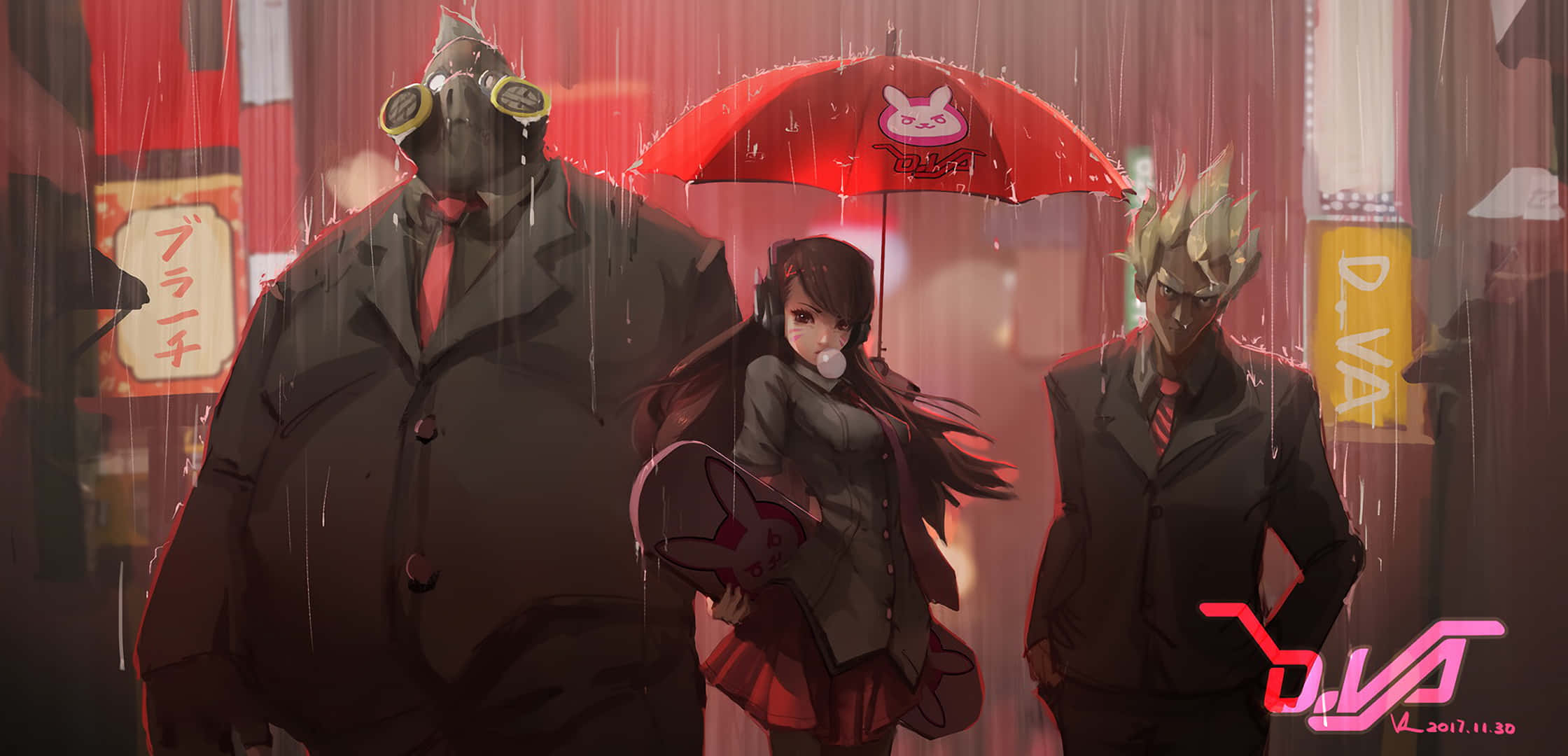 HD Overwatch 桌布 壁紙 — 三個動漫角色站在雨中城市小巷，撐著一把有兔子圖案的紅色雨傘。