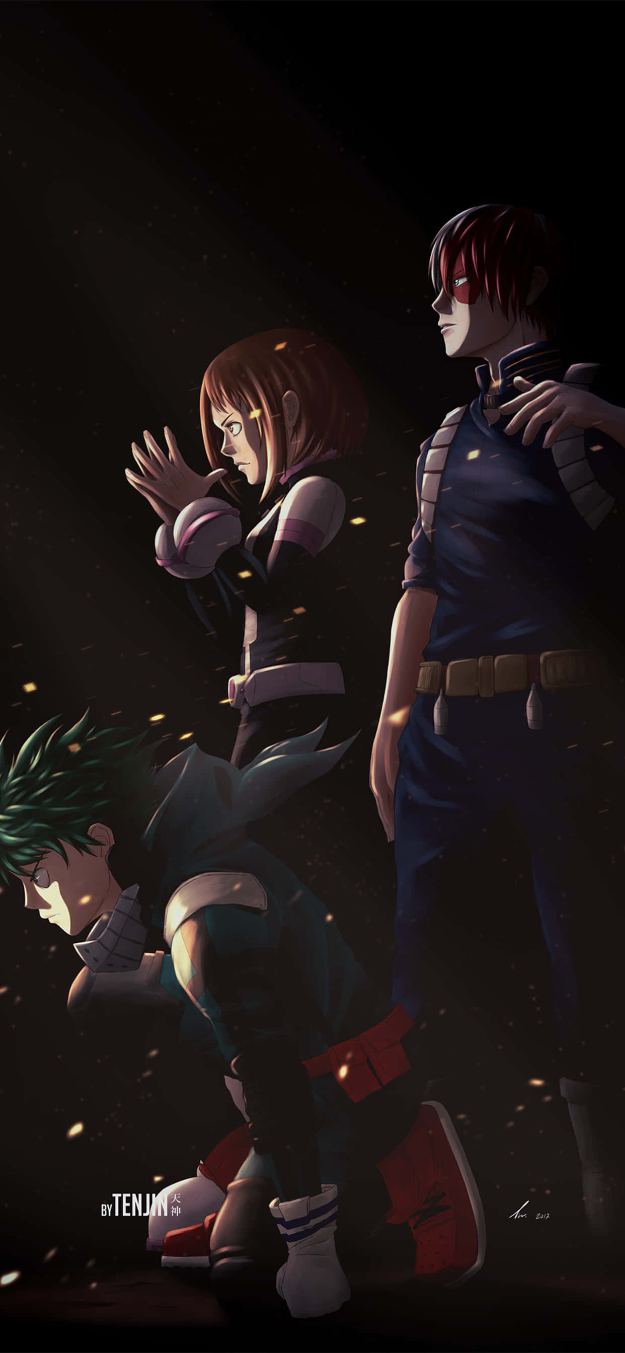 Deku And Todoroki 桌布 壁紙 — 三個動漫角色站在黑暗空間中，發光的粒子在戲劇性燈光下圍繞他們旋轉。