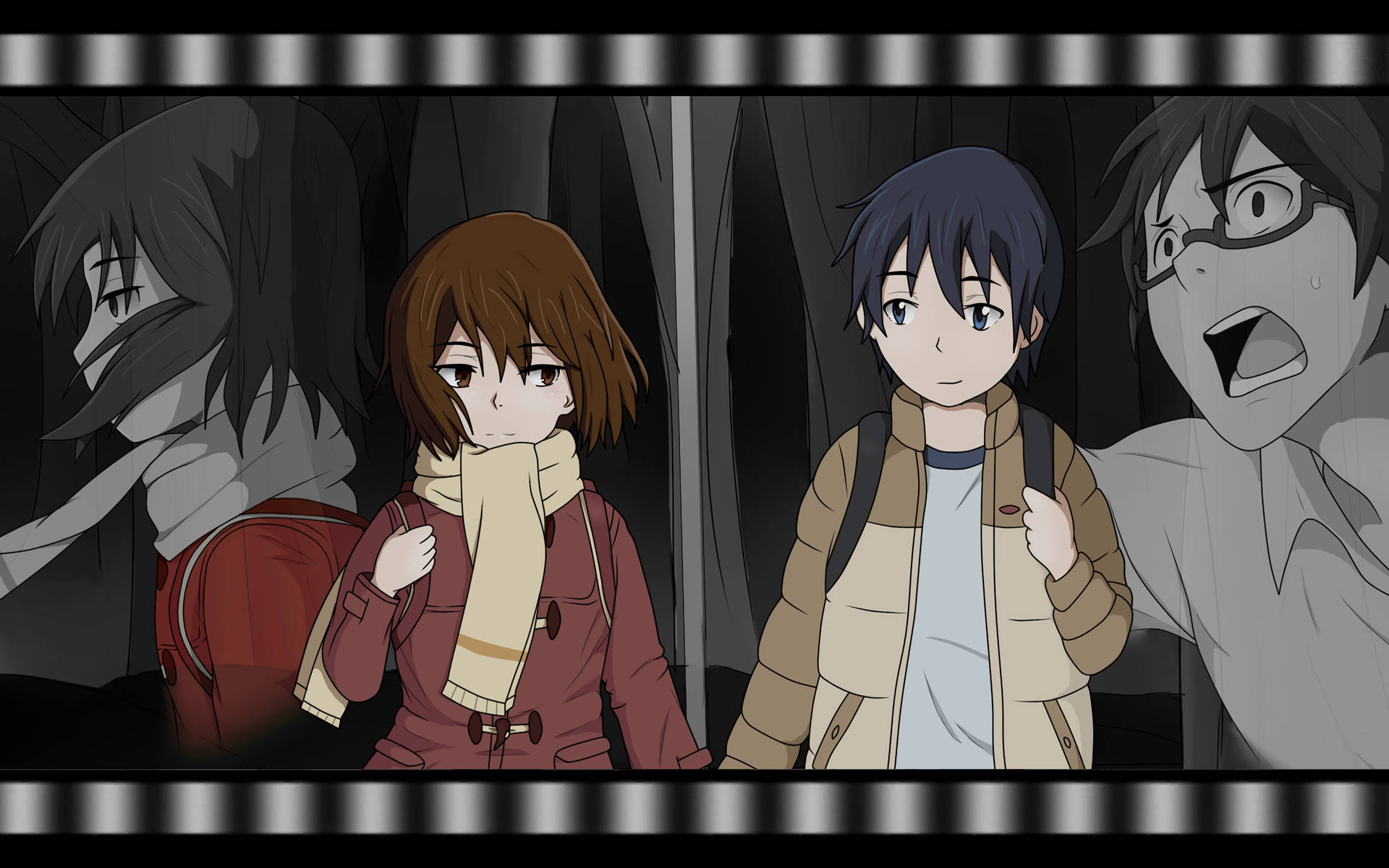 Erased 桌布 壁紙 — 三個動漫角色站在黑暗隧道中，其中一個驚恐尖叫，其他兩個面露擔憂。