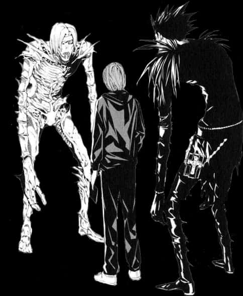 Death Note Ryuk 桌布 壁紙 — 三個動漫角色站在黑色背景前，一個骷髏，一個穿連帽衫，一個有尖刺頭髮和武器