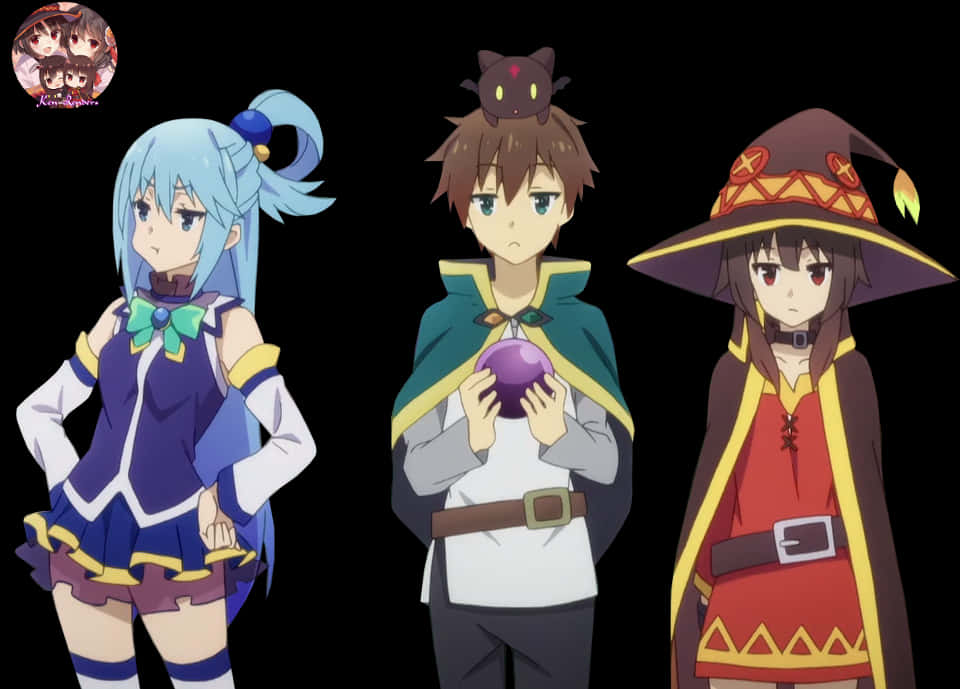 Megumin 桌布 壁紙 — 三個動漫角色站在黑色背景前，一個拿著紫色球體，另一個頭上有貓。