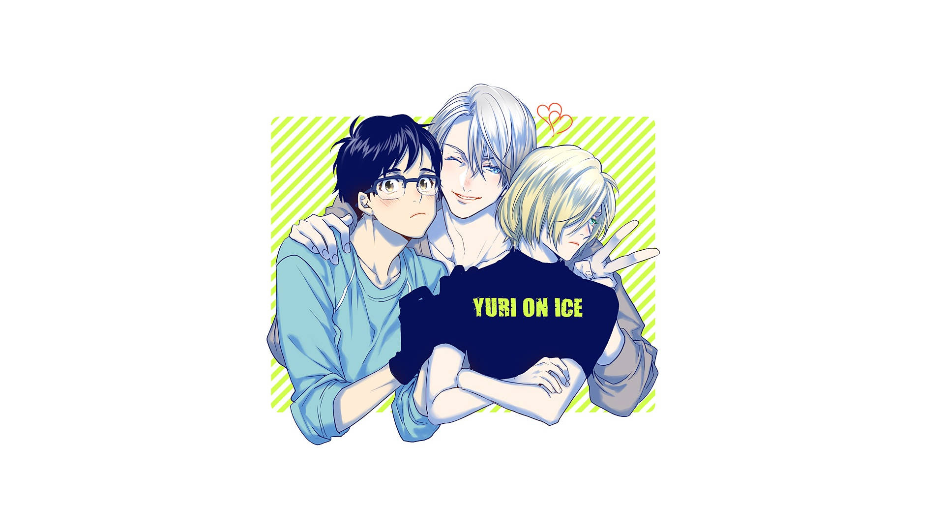 yuri 桌布 壁紙 — 三個動漫角色緊密地擺姿勢，背景是萊姆綠色條紋，其中一人頭上有個心形。