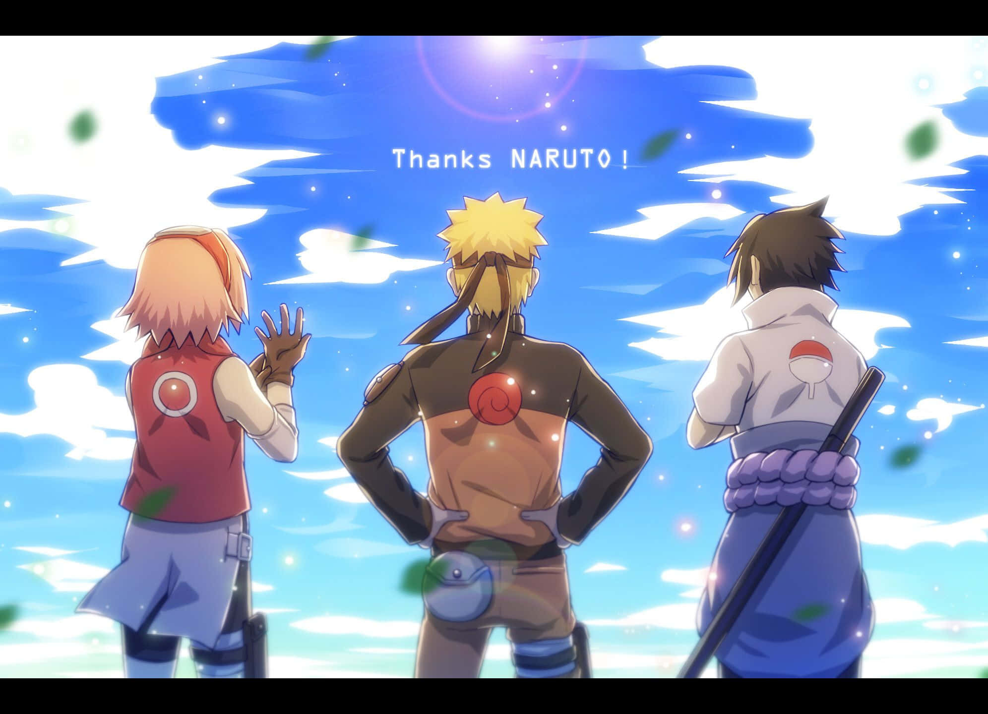 Team 7 Naruto 桌布 壁紙 — 三個動漫角色背光站立，背景是明亮的藍天，有飄浮的樹葉和頭頂上發光的太陽。