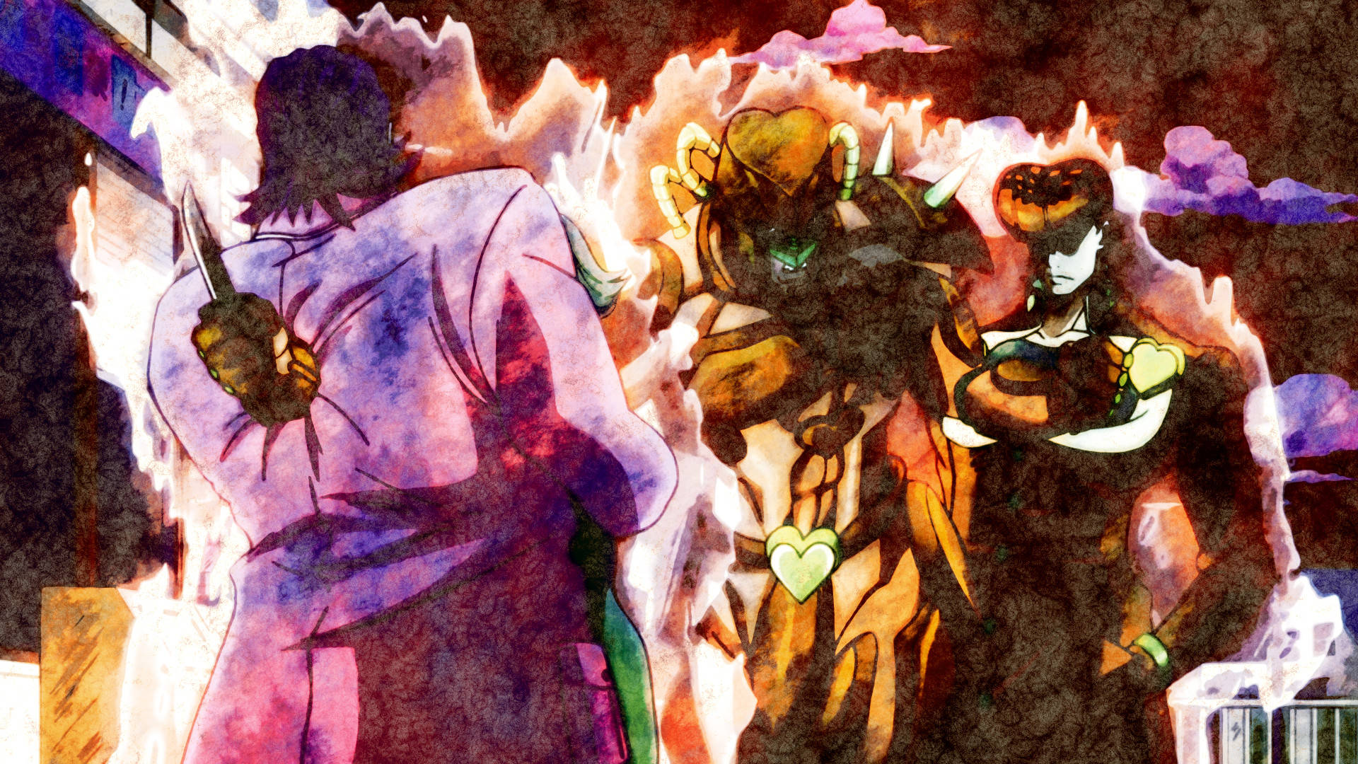 Josuke 桌布 壁紙 — 三個動漫角色背光站立，身後是熾熱的橙色和紫色火焰，背景是黑暗的城市天際線。