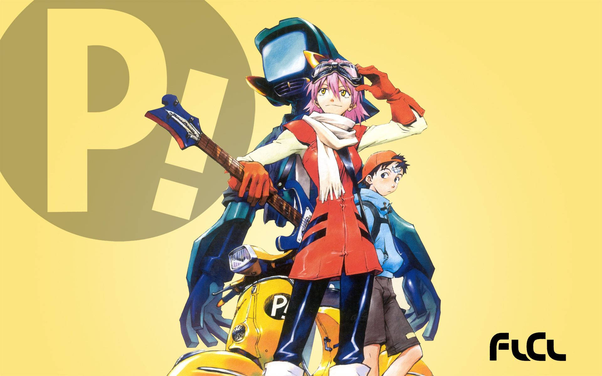 Flcl 桌布 壁紙 — 三個動漫角色自信地站在一輛黃色滑板車上，背後有一個大型P!標誌，背景為純黃色。