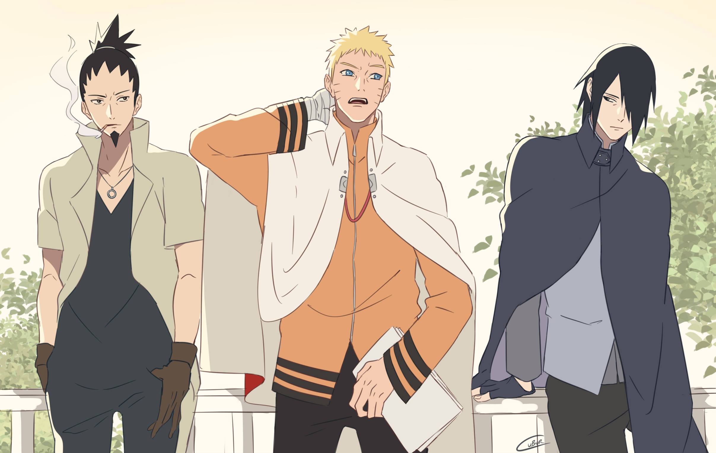 Shikamaru 桌布 壁紙 — 三個動漫角色自信地站在戶外，身後有綠色樹葉，在柔和日光下。