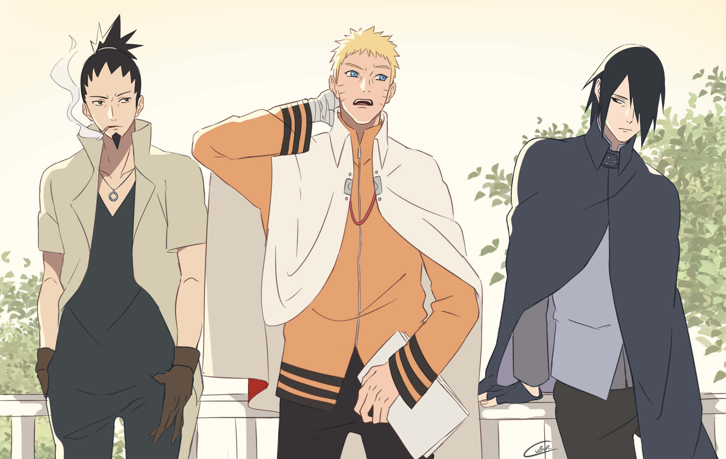 Shikamaru Nara 桌布 壁紙 — 三個動漫角色自信地站在戶外，身後有柔和光線和綠植。