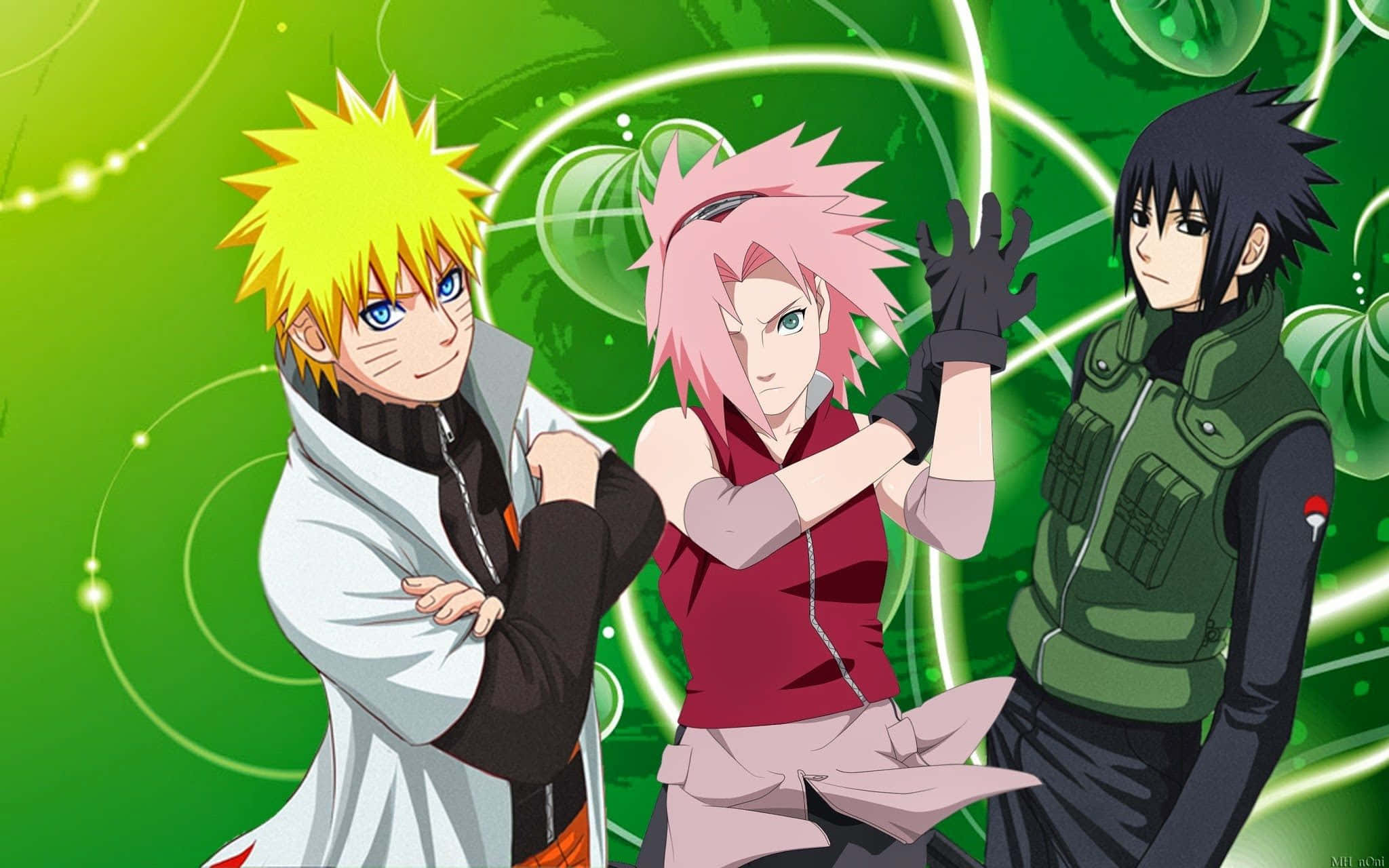 Naruto Team 7 桌布 壁紙 — 三個動漫角色自信地站在發光的綠色背景前，背景有旋轉的能量線條。