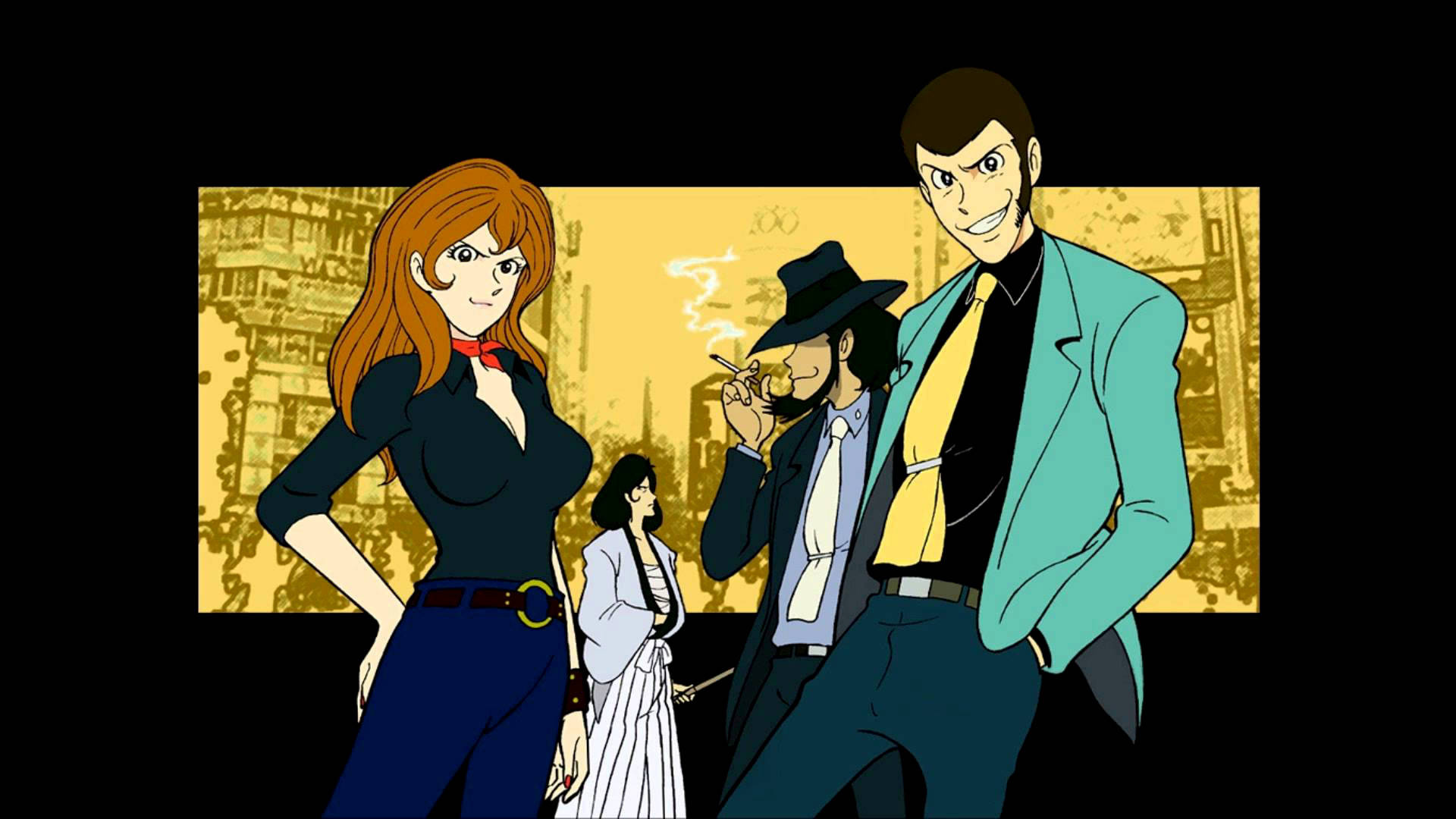 Lupin 桌布 壁紙 — 三個動漫角色自信地站在風格化的黃色城市景觀背景前，帶有粗線條和鮮豔色彩。