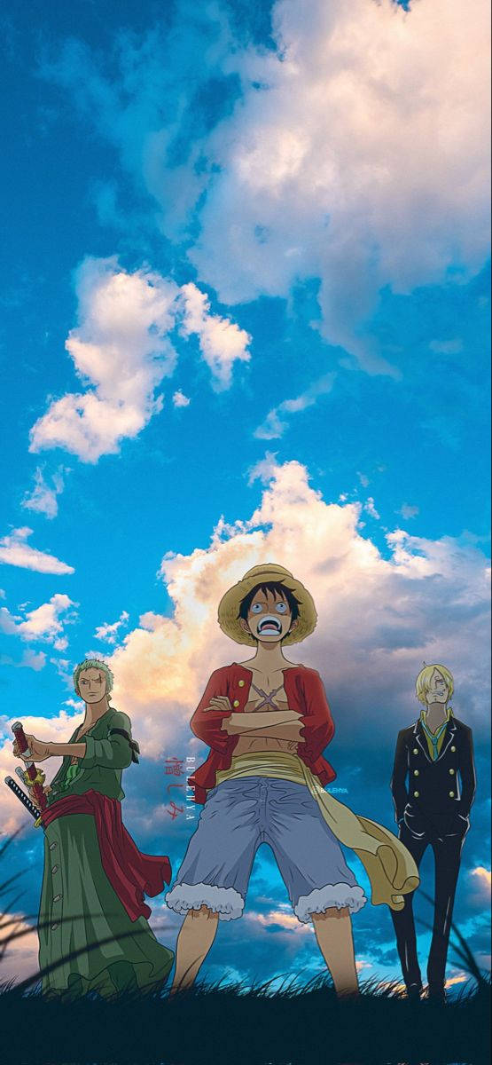 三個動漫角色站在草地上，天空多雲。 — 索隆 GIF 壁紙