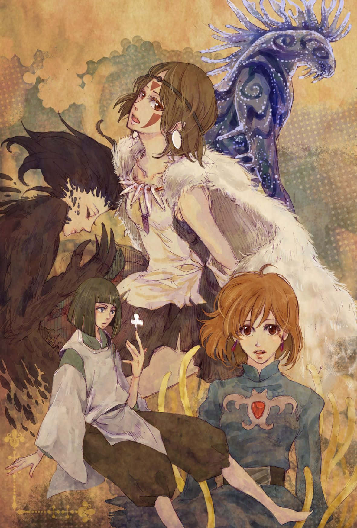 nausicaä of the valley of the wind 桌布 壁紙 — 三個動漫角色與奇幻生物在溫暖的金色插圖場景中。