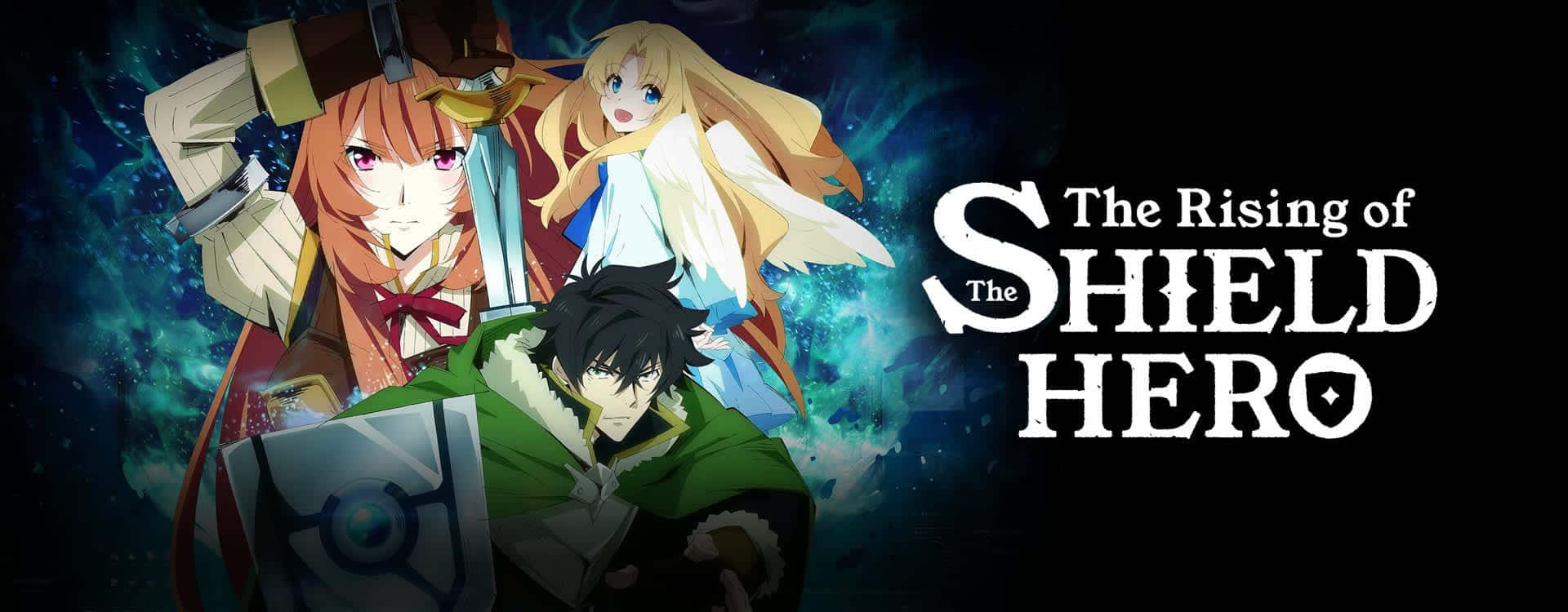 The Rising Of The Shield Hero 桌布 壁紙 — 三個動漫角色英勇地站在宇宙風暴背景前，帶有發光能量效果。