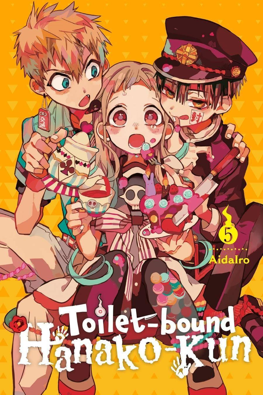 Toilet Bound Hanako Kun 桌布 壁紙 — 三個動漫角色表情誇張，手持糖果主題武器，背景為明亮的黃色三角形。