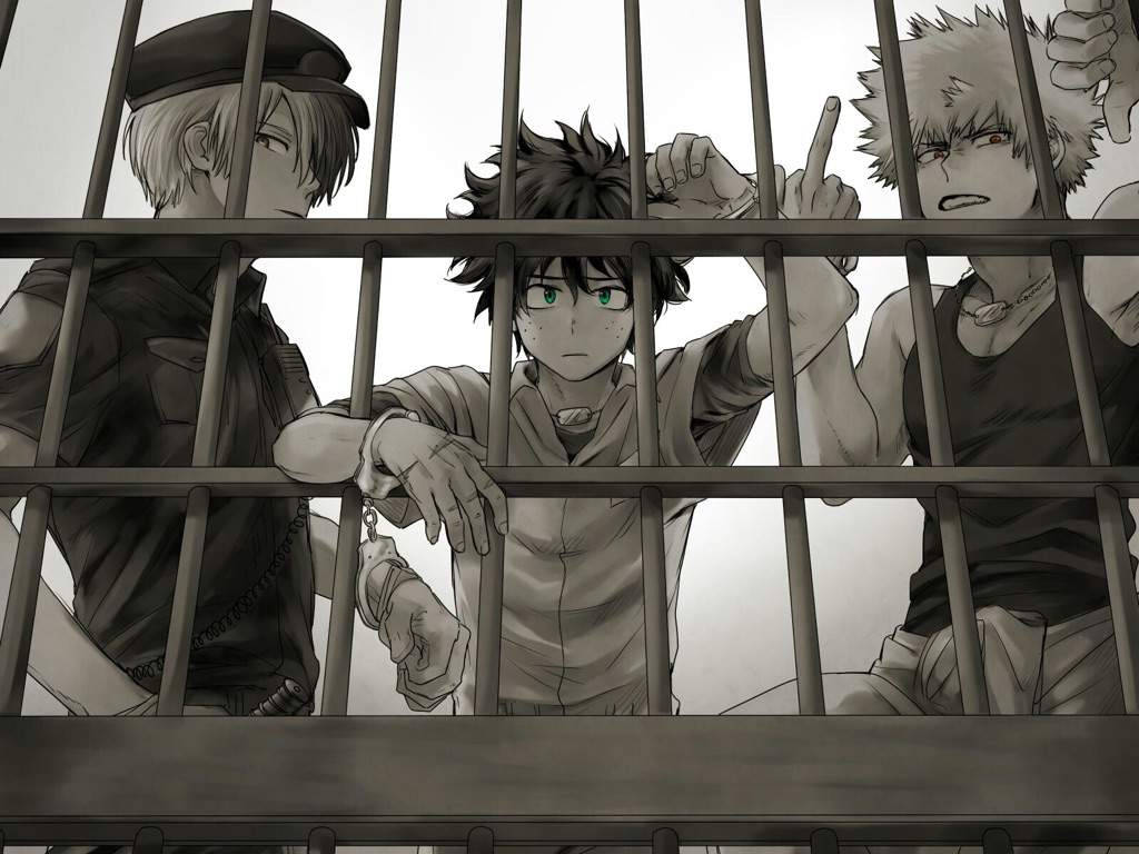 Todobakudeku 桌布 壁紙 — 三個動漫角色被困在監獄鐵欄後，一個挑釁地指著手指，另一個戴著手銬看著。