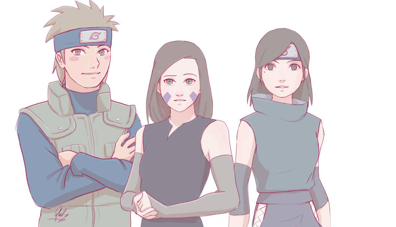 izumi uchiha 桌布 壁紙 — 三個動漫角色身穿忍者裝備，表情嚴肅地站在純白色背景前。