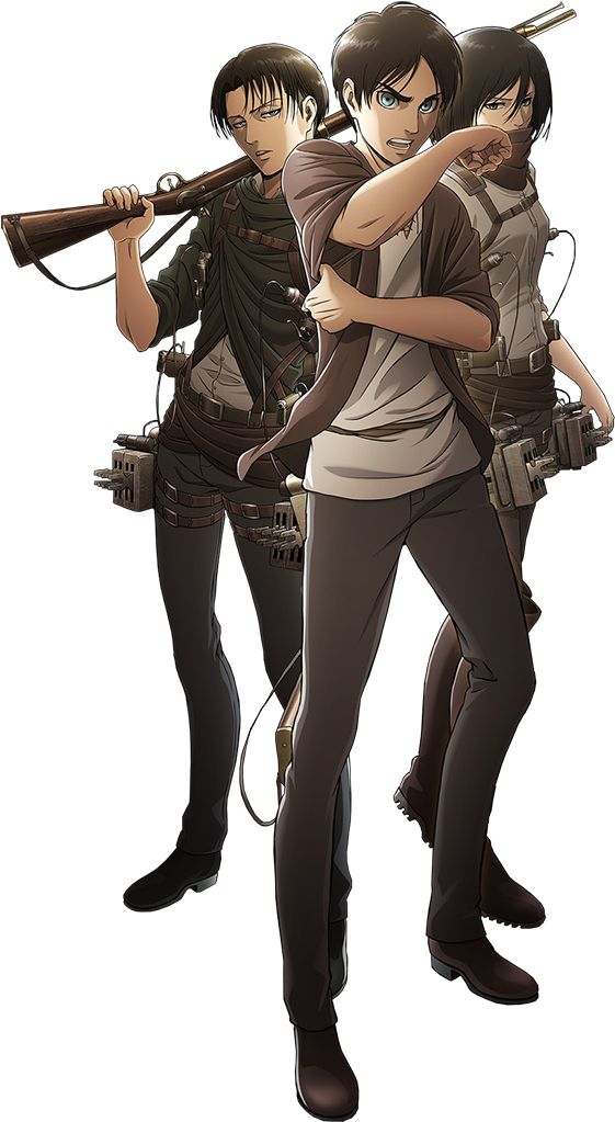 Mikasa Ackerman 桌布 壁紙 — 三個動漫角色身穿戰鬥裝備，在黑色背景前持步槍戒備。
