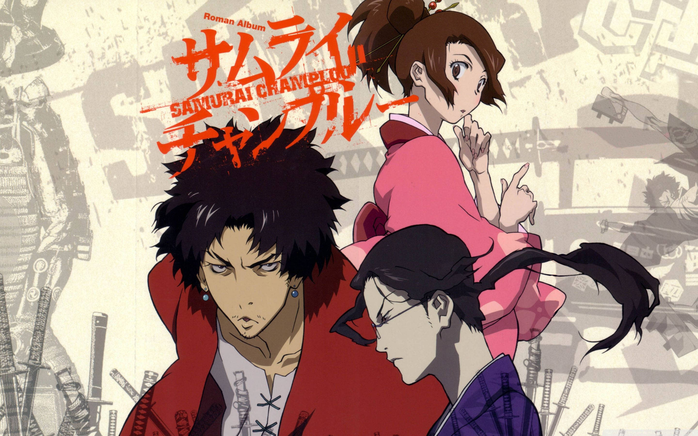 Samurai Champloo 桌布 壁紙 — 三個動漫角色身穿武士服，以刀劍和日文字句為背景，搭配大膽的紅色和米色調。