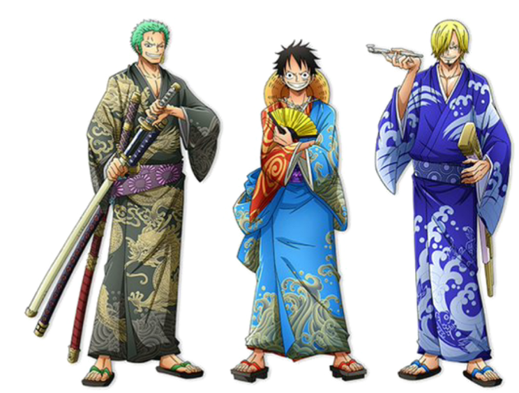 香吉士 桌布 壁紙 — 三個動漫角色身穿色彩繽紛的傳統日本長袍，自信地擺出姿勢，手持武器和扇子。