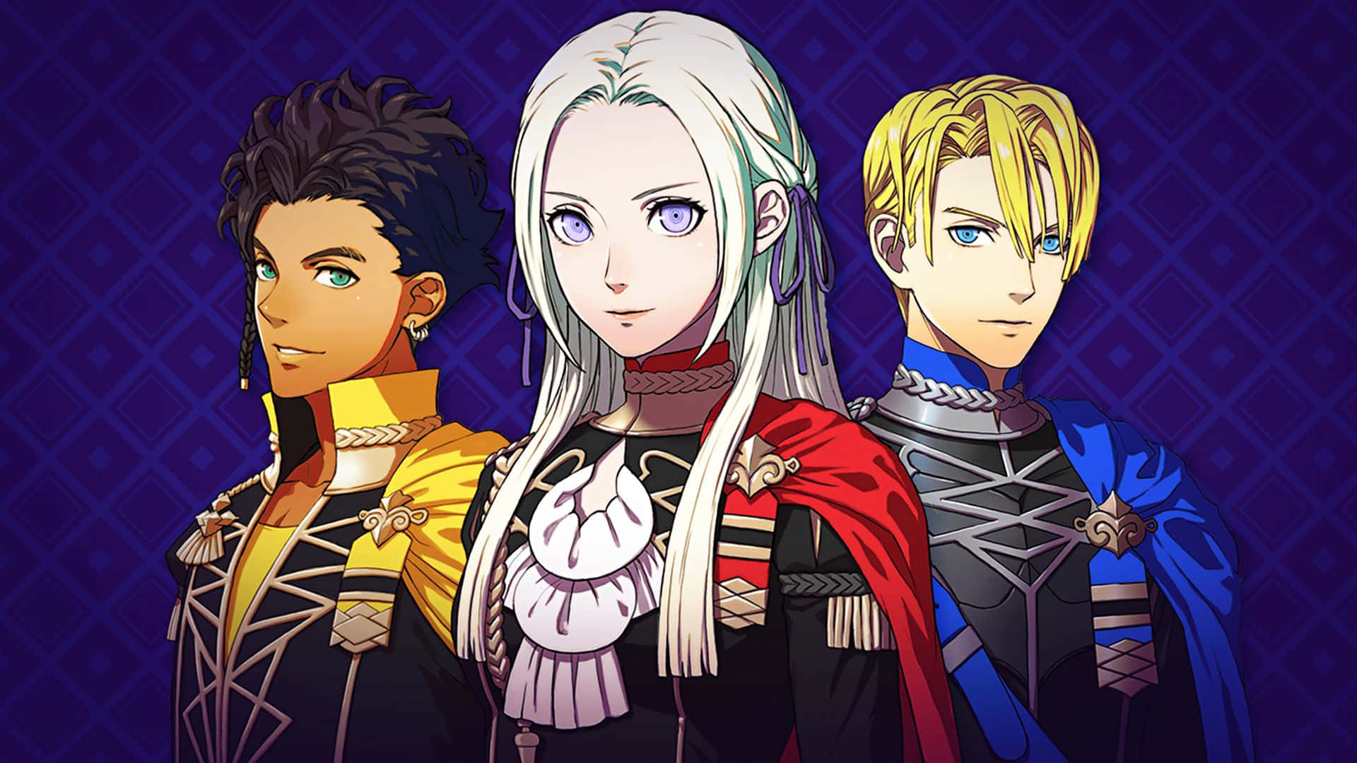 三個動漫角色身穿精緻服裝，在紫色圖案背景前擺姿勢。 — Fire Emblem Warriors 壁紙
