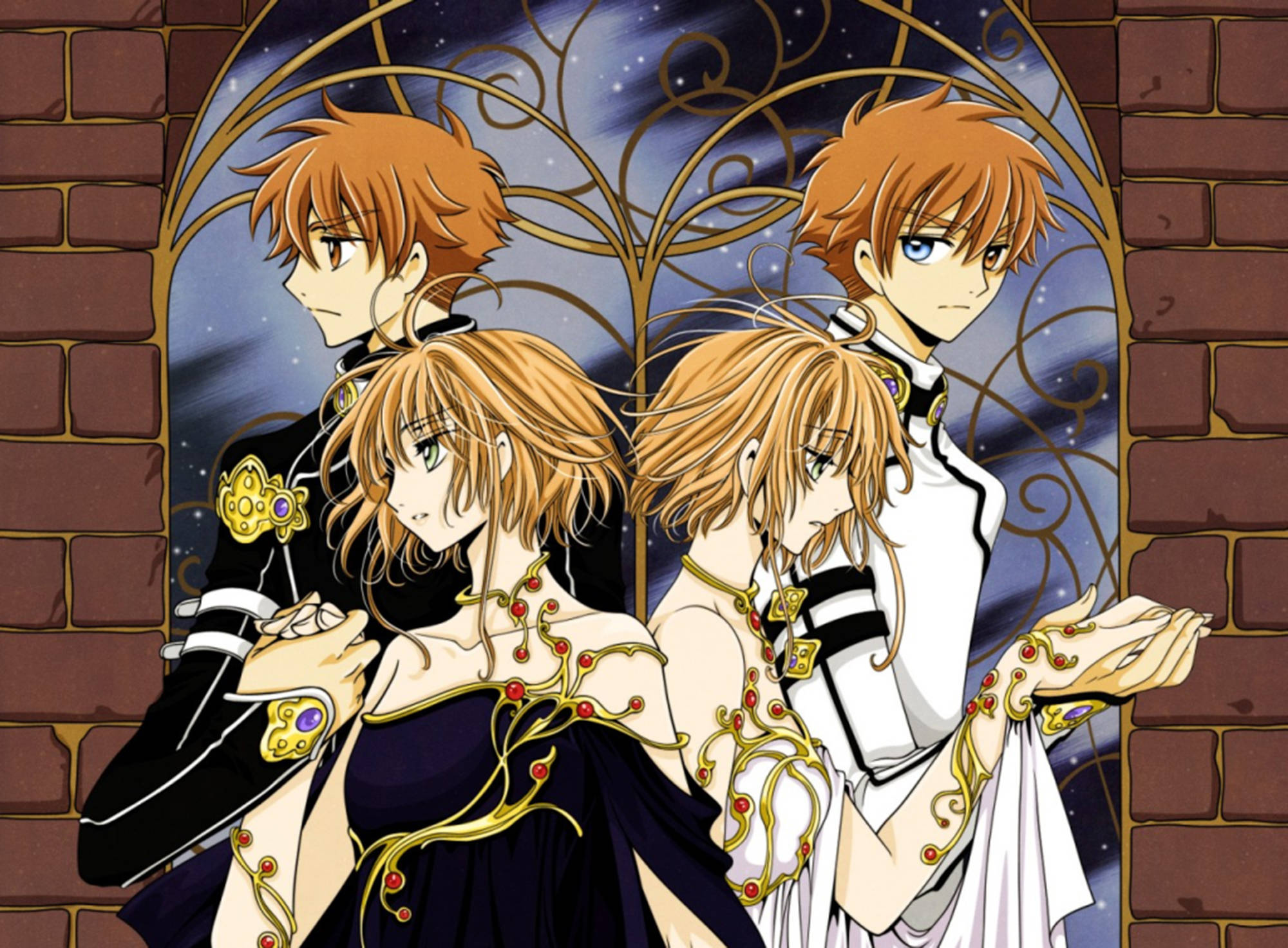 tsubasa reservoir chronicle 桌布 壁紙 — 三個動漫角色身穿華麗服飾，站在一個帶有精緻金色框架的星空夜窗前。