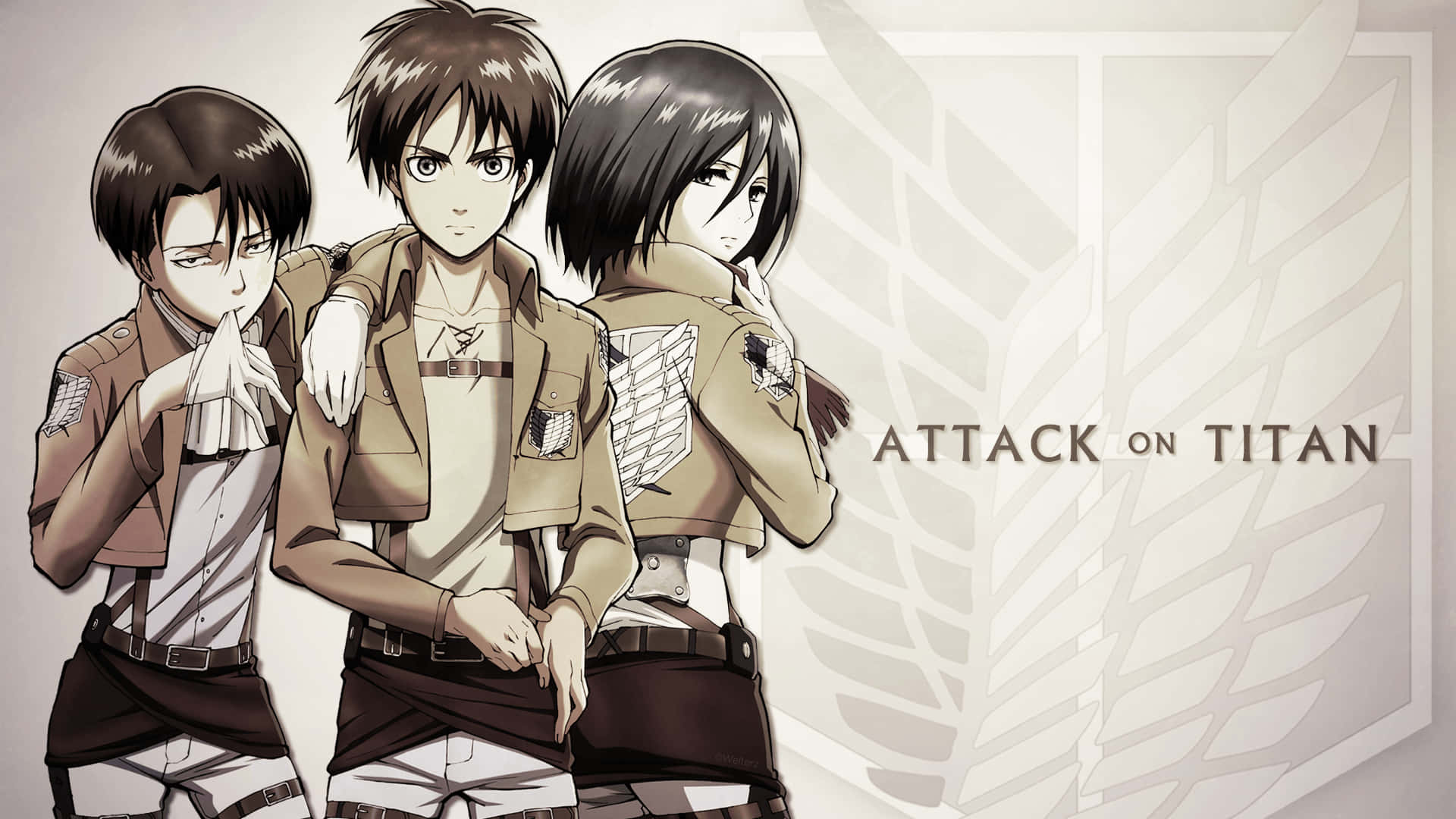 Mikasa Ackerman 桌布 壁紙 — 三個動漫角色身穿軍裝，站在以進擊的巨人標誌和帶翼徽章為背景的畫面中。