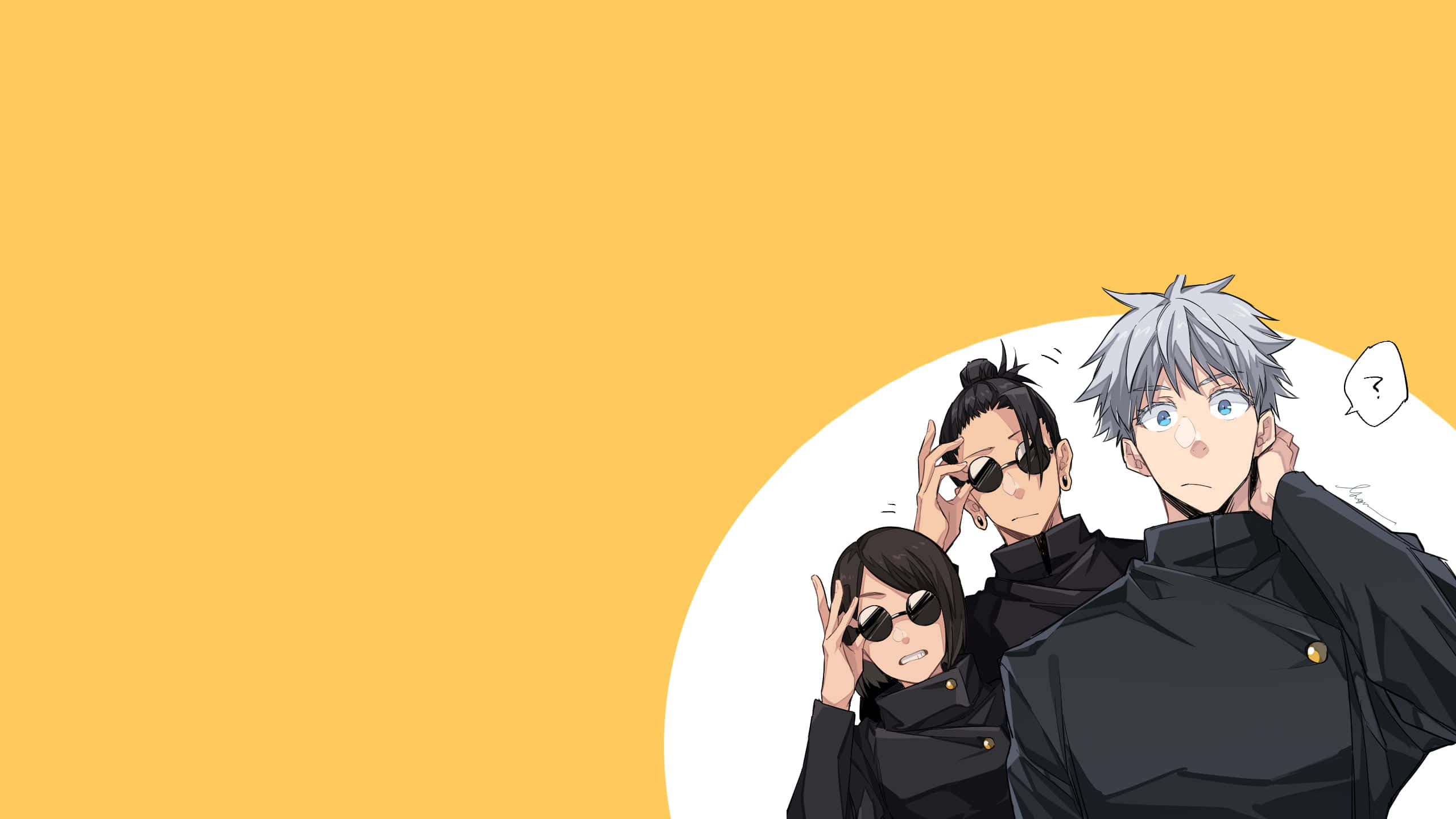 Sunglasses 桌布 壁紙 — 三個動漫角色身穿黑色制服和太陽眼鏡，在純黃色背景前自信地擺姿勢。