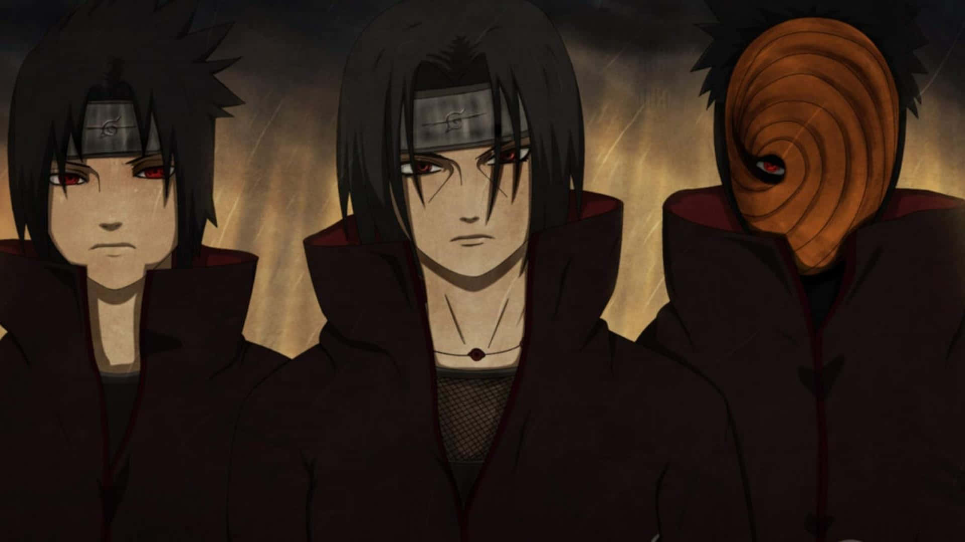 Uchiha Clan 桌布 壁紙 — 三個動漫角色身穿黑色斗篷，莊嚴地站在火橙色和黑色的背景前。