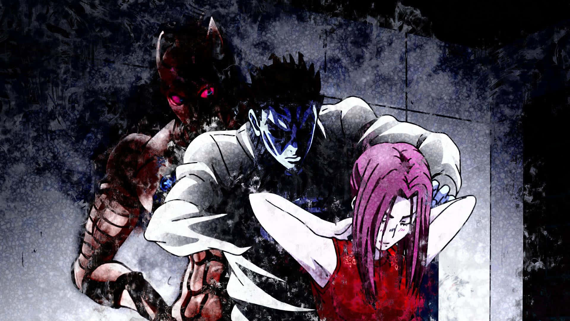 Kira Yoshikage 桌布 壁紙 — 三個動漫角色身處一個骯髒的城市小巷，帶有黑暗粗獷的質感和戲劇性的燈光。