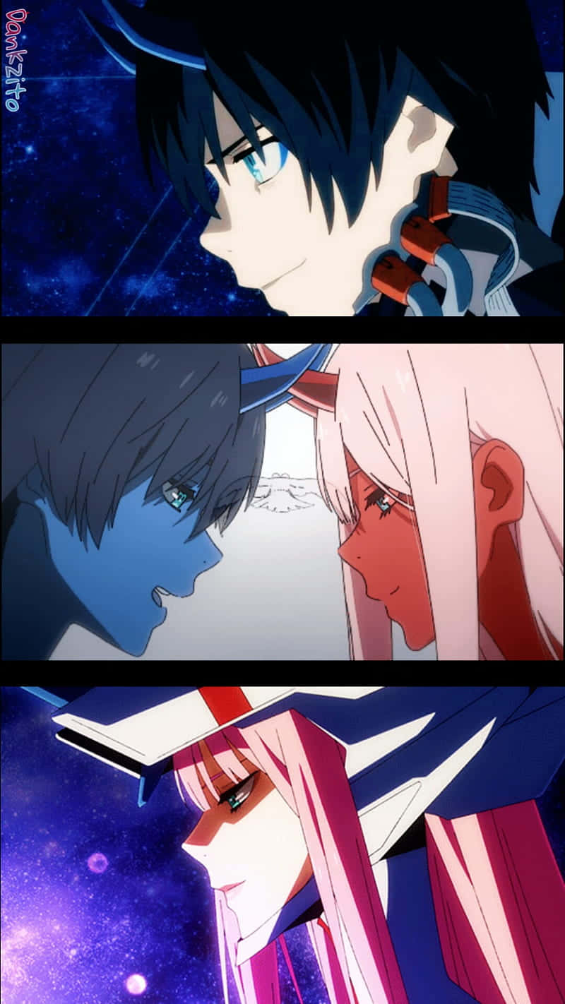 Darling In The Franxx Phone 桌布 壁紙 — 三個動漫角色閃爍著發光的眼睛，在宇宙星空背景的三聯畫構圖中凝視著。