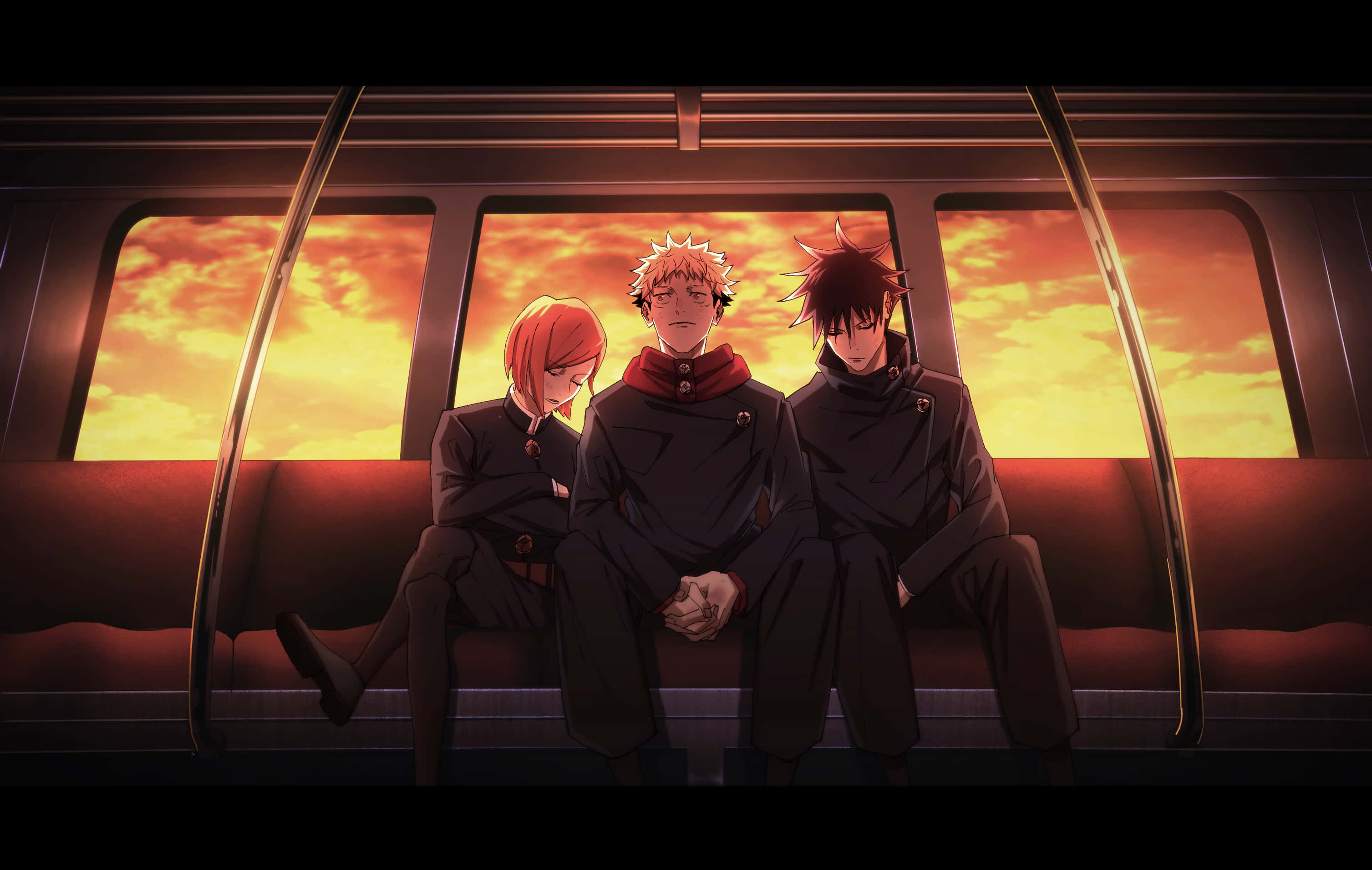 Anime All Characters HD 桌布 壁紙 — 三個動漫角色靜靜地坐在地鐵長椅上，身後熾熱的夕陽透過窗戶閃耀。
