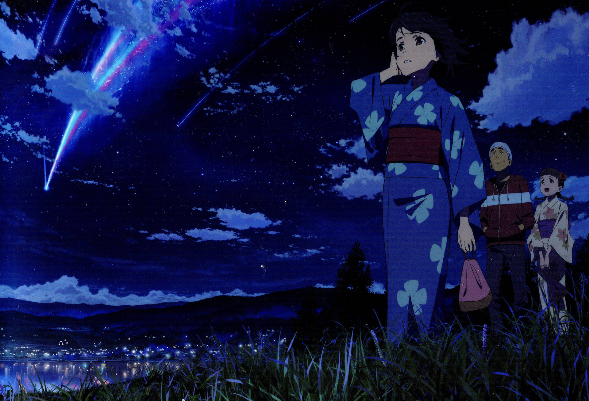 三個動漫角色在夜晚觀看小鎮上空的流星雨。