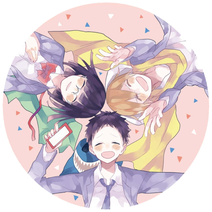 Mikado Ryuugamine 桌布 壁紙 — 三個動漫青少年在圓形框架中開心自拍，周圍飄浮著五彩紙屑。