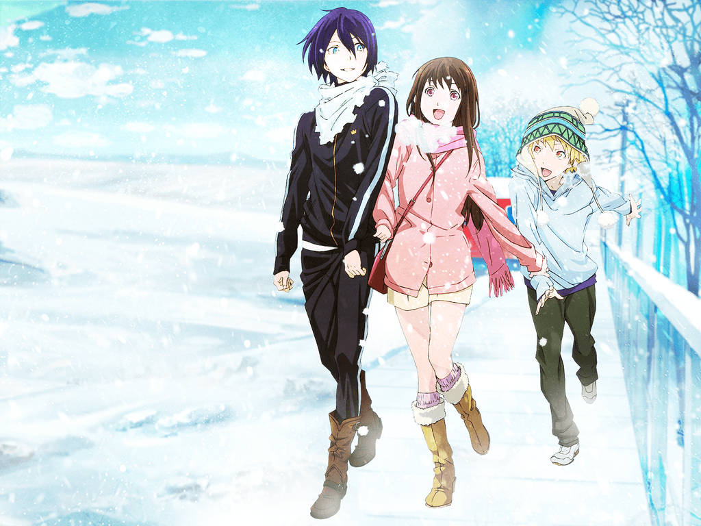 Noragami 桌布 壁紙 — 三個動漫青少年在明亮的藍天下，雪花飄落，愉快地走過白雪皚皚的冬季景觀。