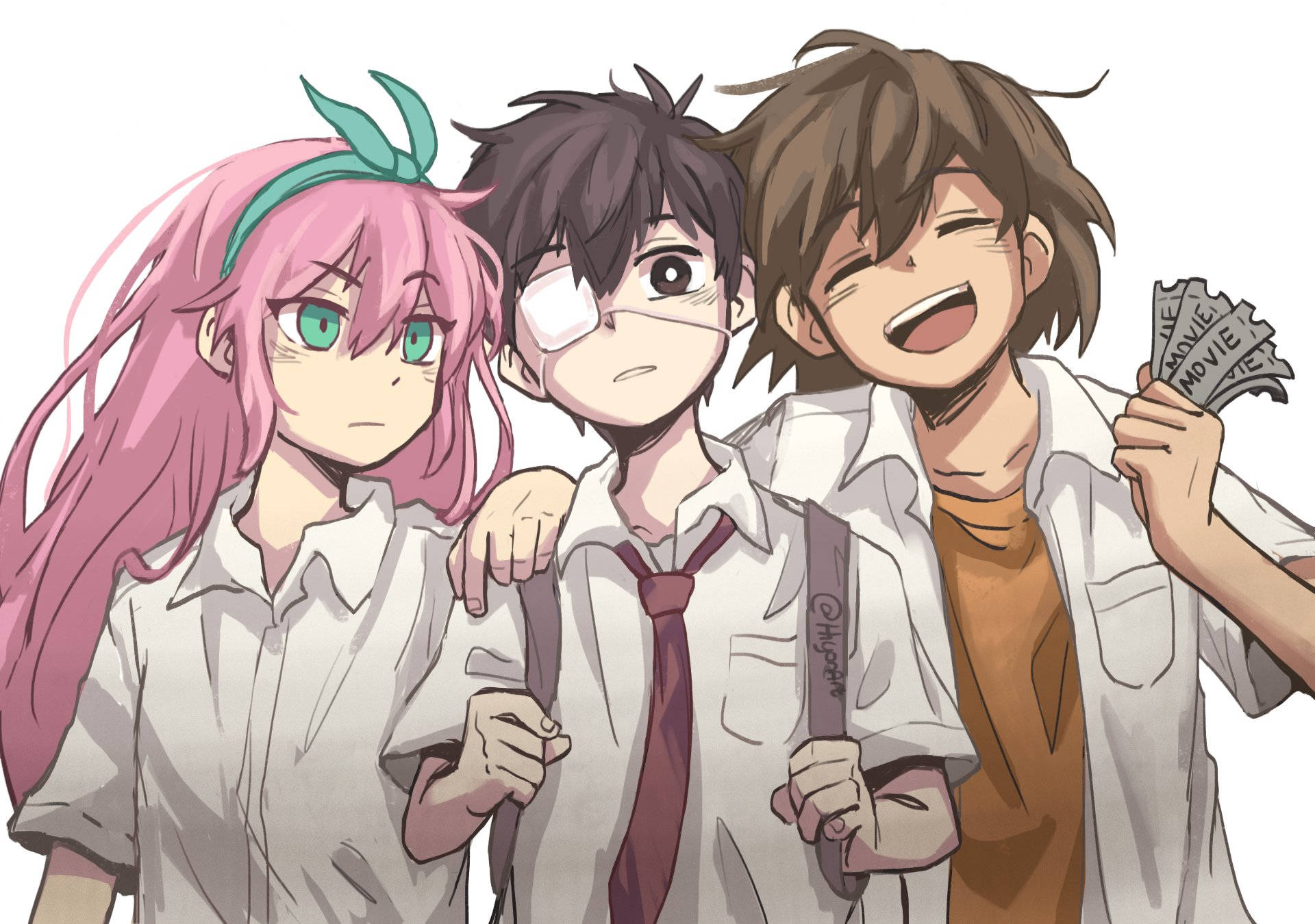三個動漫學生穿著校服，一個笑著拿著電影票，另一個戴著眼罩。 — Omori GIF 壁紙