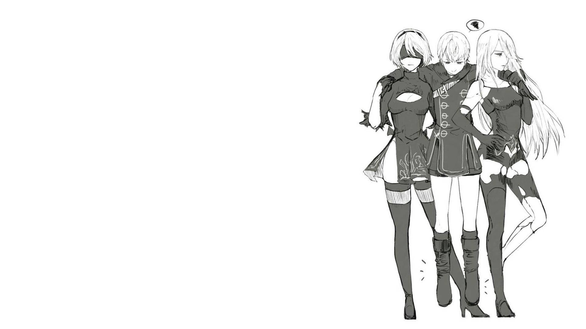 2B 桌布 壁紙 — 三個動漫風格女孩穿著時尚服裝，自信地站在純白色背景前，以單色素描呈現。